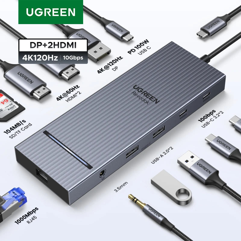 UGREEN USB HUB 4K120Hz DP Type-C to 4K60Hz 2xHDMI SD/TF RJ45 3.5mm USB3.2 Gen2 10Gbps Data for Laptop Dell HP Lenovo Accessories