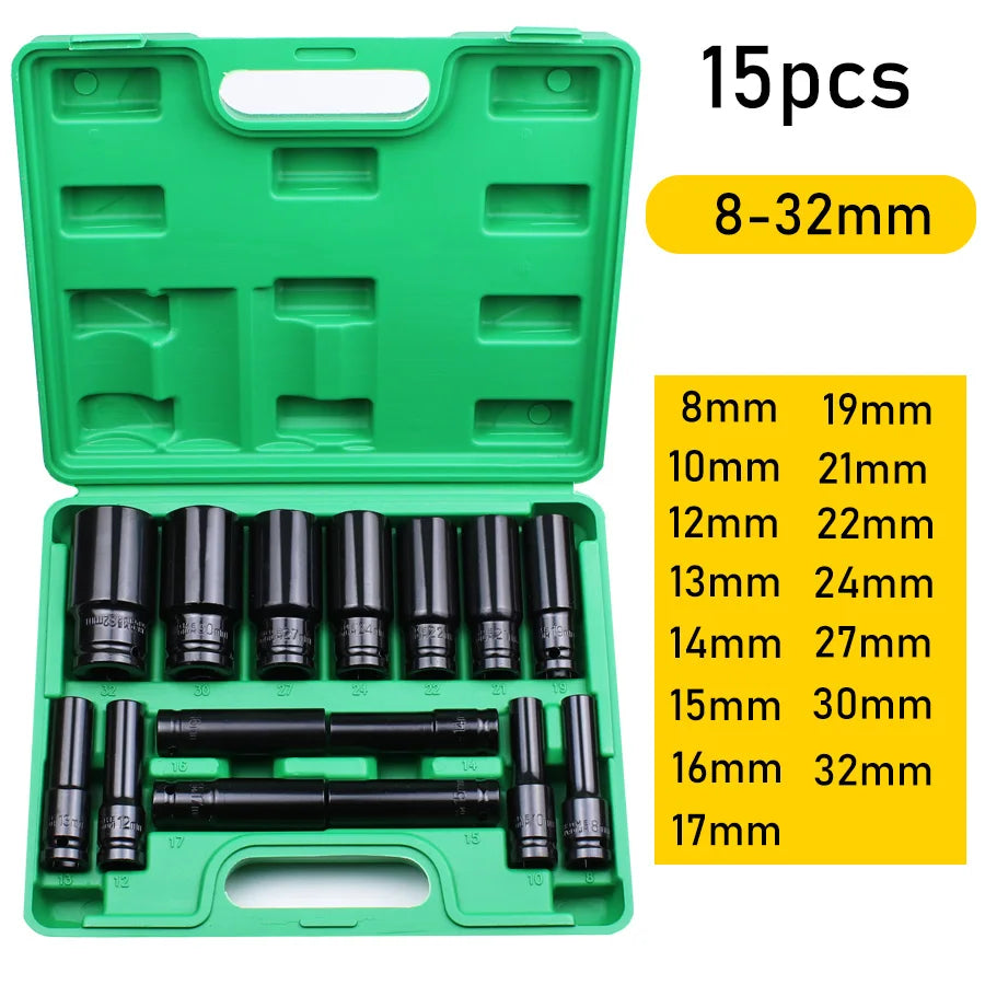 1/2Inch Drive 6-Point Impact Socket Set 10-20 pcs/set 8-32mm Metric Sizes Carbon Steel Impact Socket Set with Hard Storage Box