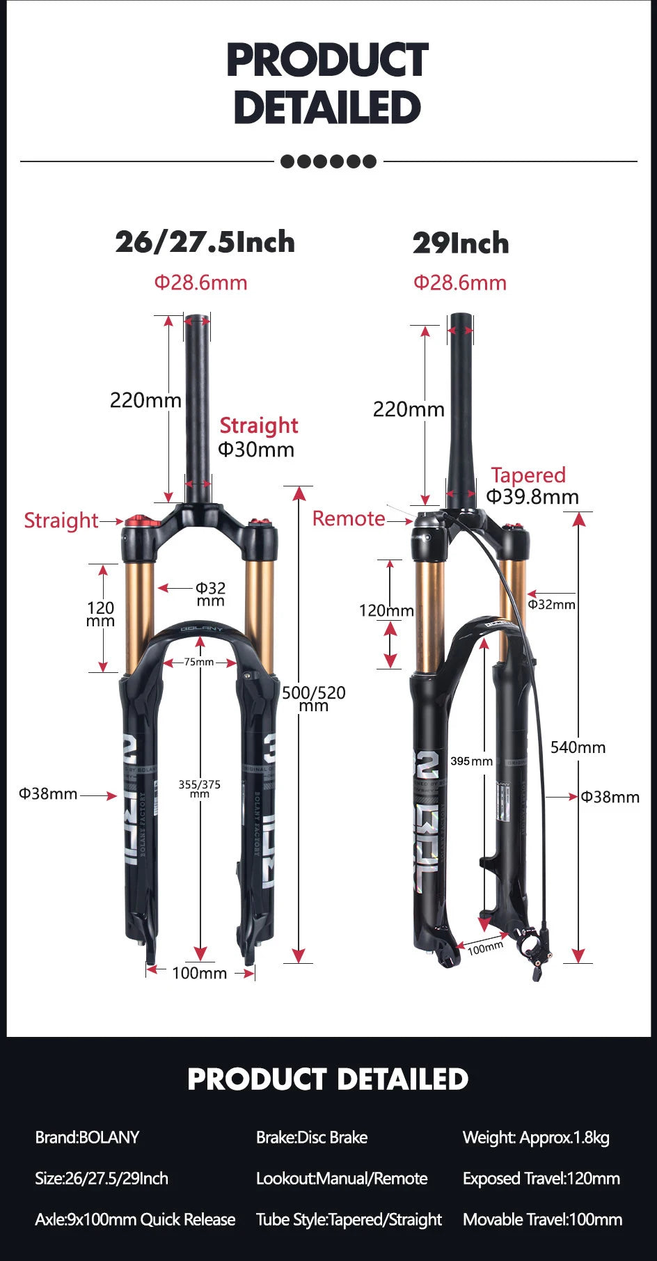 BOLANY Mountain Bike Air Supension 26/27.5/29Inch 120mm Air And Oil Remote Bicycle Fork 29 Quick Release MTB Bicycle Accessories