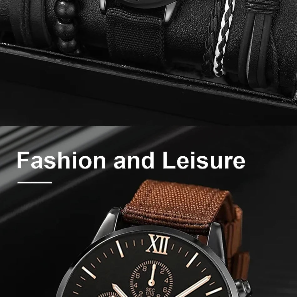 4pcs Quartz Watches Bracelet Watch Set For Men Business Fashion Casual Round Pointer Calendar Watch Accessories