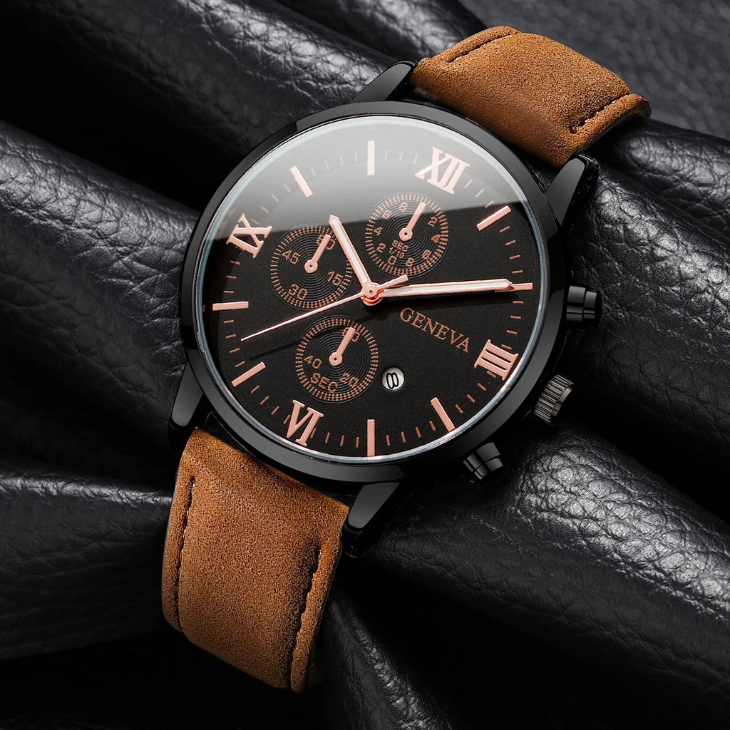 1/2PCs Men's Casual Calendar Watch Fashionable Men's Temperament Leather  Quartz Watch Unisex Watch Set(Box Not Included)