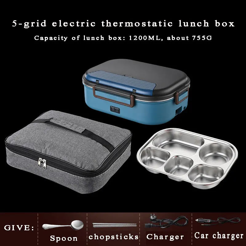 Electric Heated Lunch Boxes Stainless Steel Food Insulation Bento Lunch Box Home Portable Keep Warm Lunch Box with Storage Bag