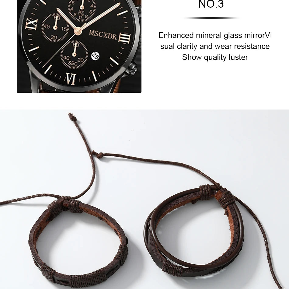 4pcs Quartz Watches Bracelet Watch Set For Men Business Fashion Casual Round Pointer Calendar Watch Accessories
