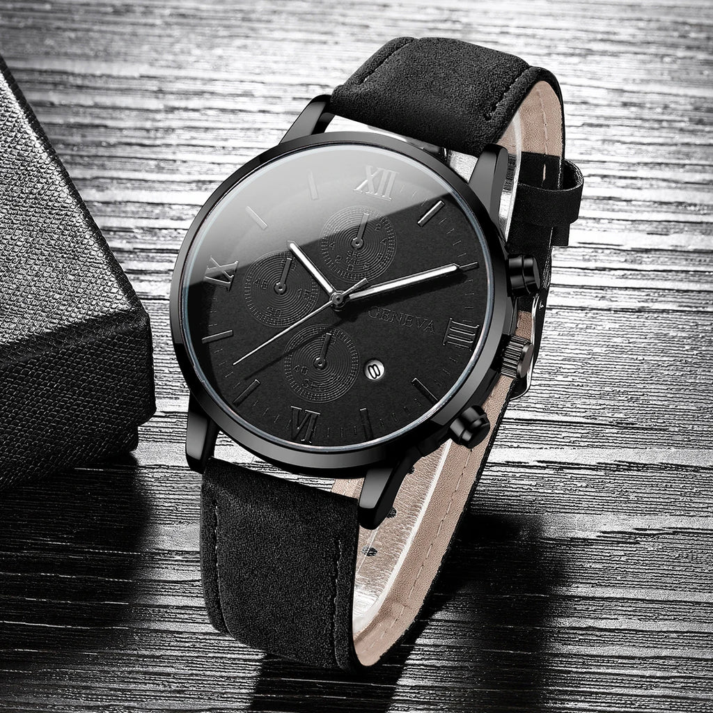 1/2PCs Men's Casual Calendar Watch Fashionable Men's Temperament Leather  Quartz Watch Unisex Watch Set(Box Not Included)