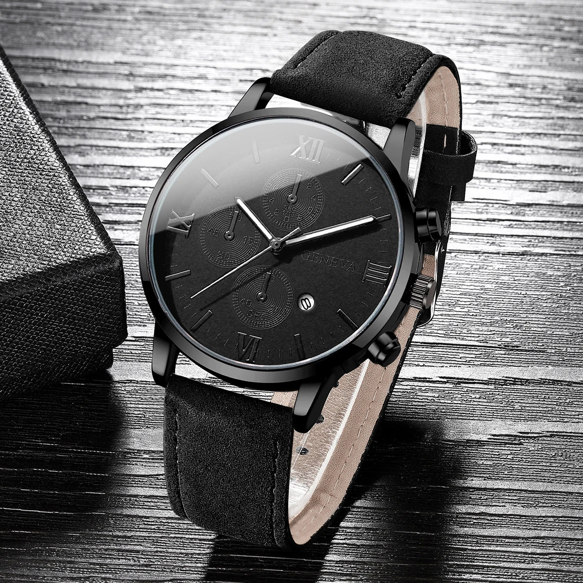 1/2PCs Men's Casual Calendar Watch Fashionable Men's Temperament Leather  Quartz Watch Unisex Watch Set(Box Not Included)
