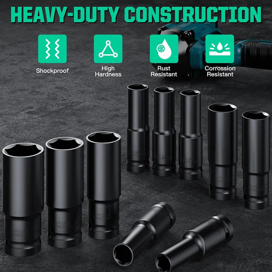 1/2Inch Drive 6-Point Impact Socket Set 10-20 pcs/set 8-32mm Metric Sizes Carbon Steel Impact Socket Set with Hard Storage Box