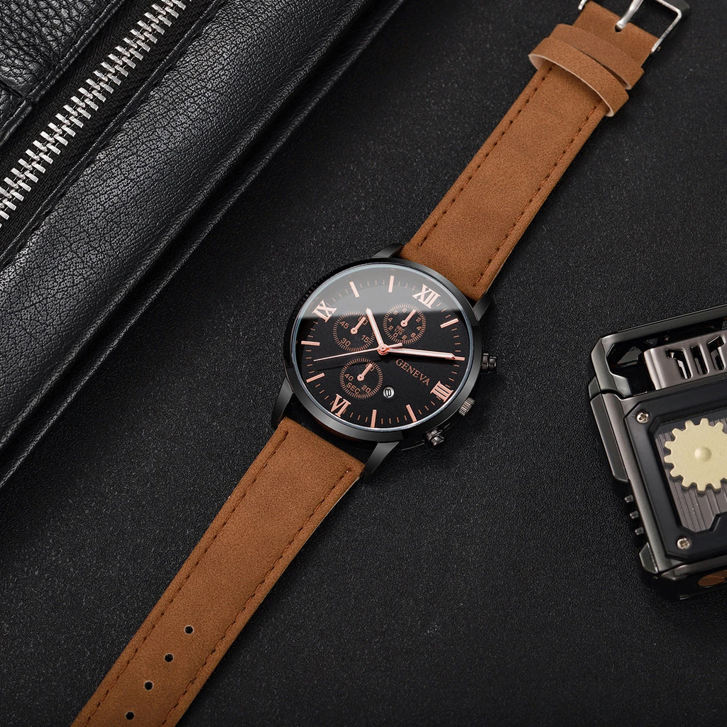 1/2PCs Men's Casual Calendar Watch Fashionable Men's Temperament Leather  Quartz Watch Unisex Watch Set(Box Not Included)