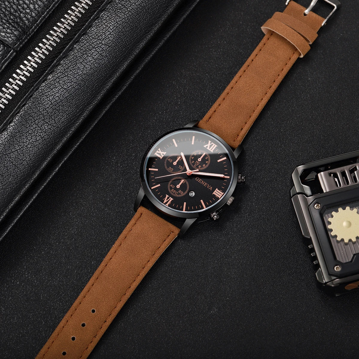 1/2PCs Men's Casual Calendar Watch Fashionable Men's Temperament Leather  Quartz Watch Unisex Watch Set(Box Not Included)