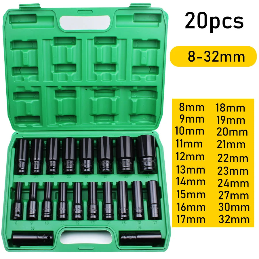 1/2Inch Drive 6-Point Impact Socket Set 10-20 pcs/set 8-32mm Metric Sizes Carbon Steel Impact Socket Set with Hard Storage Box