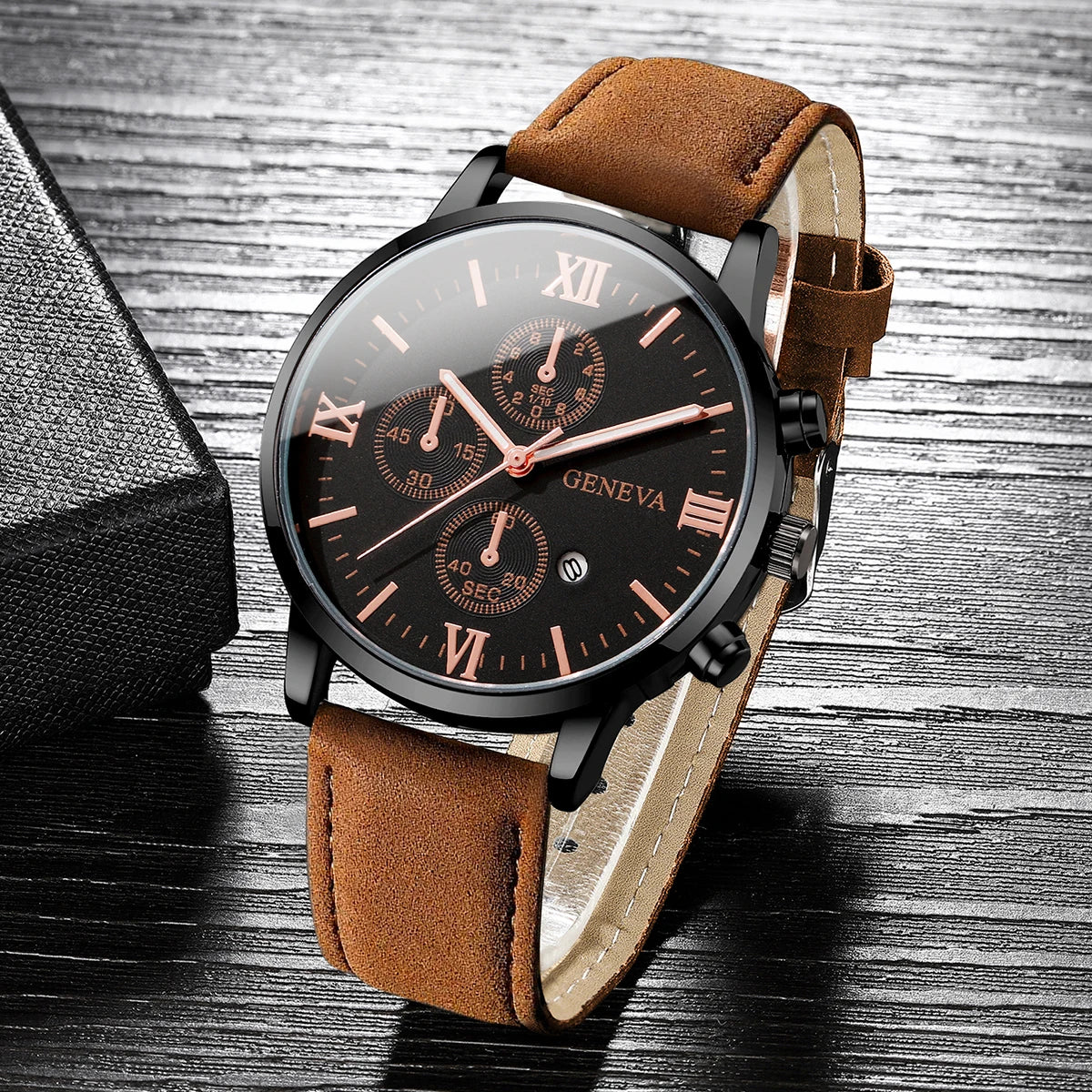 1/2PCs Men's Casual Calendar Watch Fashionable Men's Temperament Leather  Quartz Watch Unisex Watch Set(Box Not Included)